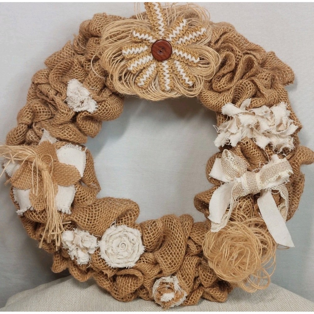 13" Brown White Rose Flower Farmhouse Burlap Wreath Cottage Core Elegant Rustic